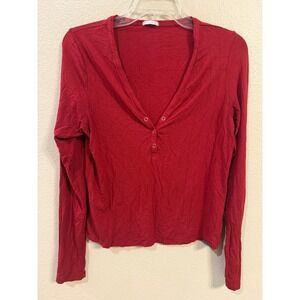 Savage X Fenty Henley Top Women L Red Good Ribbed Long Sleeve Snap Neck Lounge